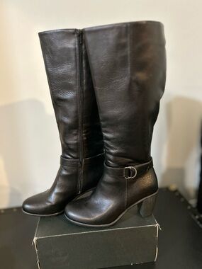levity Black Leather Knee-High Boots with Buckle Strap